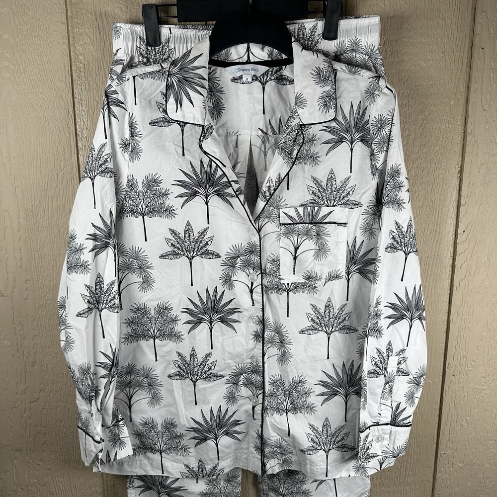 The Company Store Pajama Set Women Medium Black White Tropical Leaf Poplin PJ